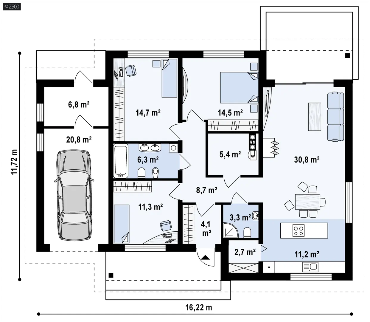Rzuty Parterowy dom drewniany z garażem Z 131 D